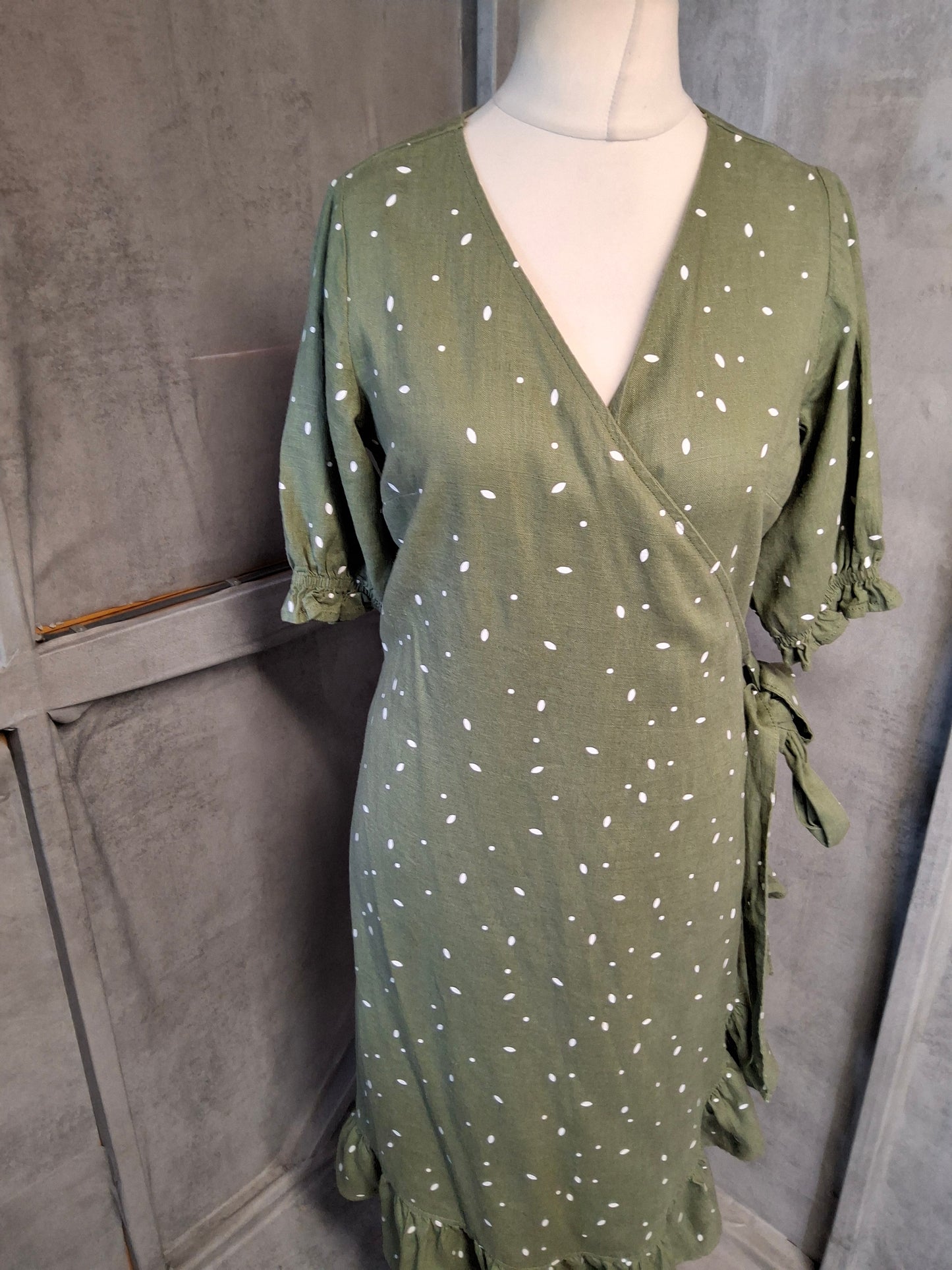 Next Petite Khaki Green Midi Wrap Dress – Size 12P – Linen Blend – NWT RRP £40