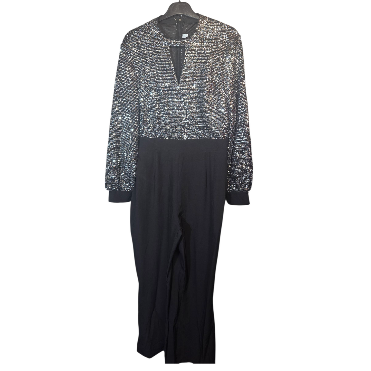 Silver Sequin & Black Long Sleeve Jumpsuit – Size M (size 10/12) – Choker Neck & Flared Leg