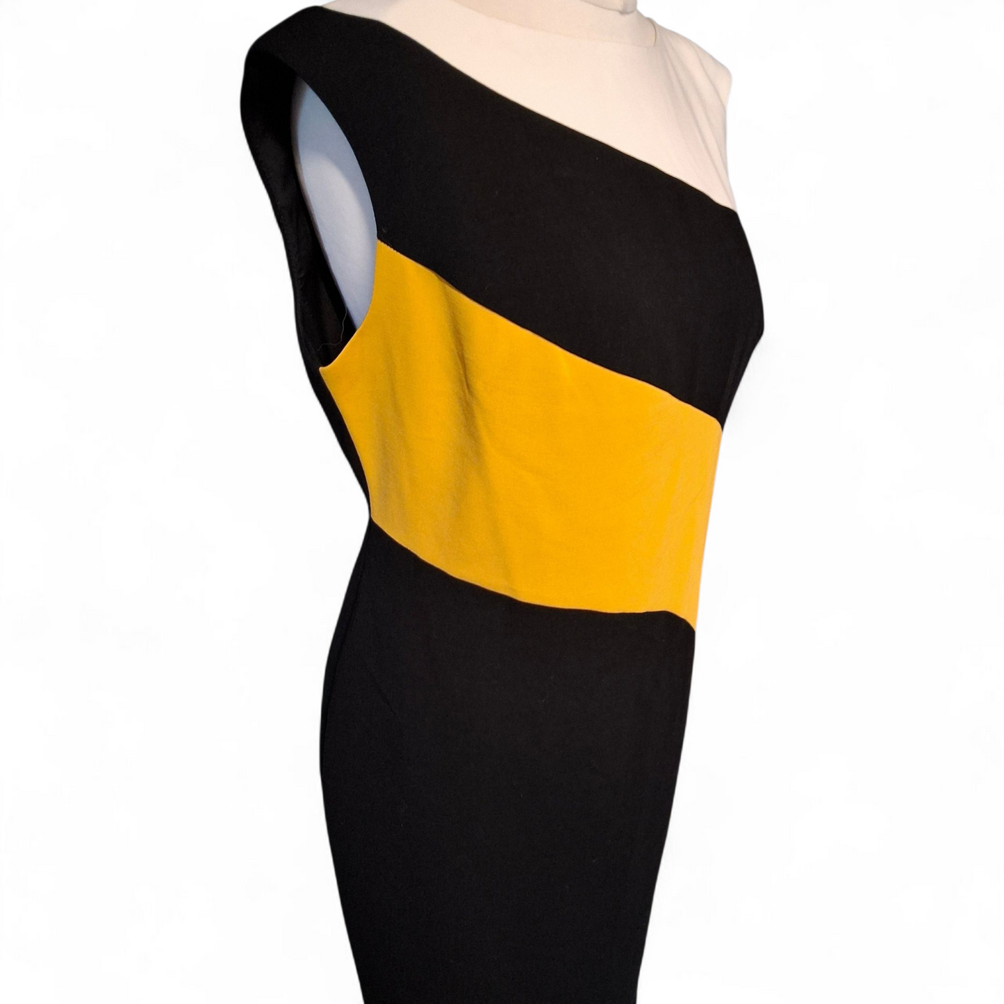 Marks & Spencer Black Yellow White Colour Block Midi Shift Dress – Size 14R