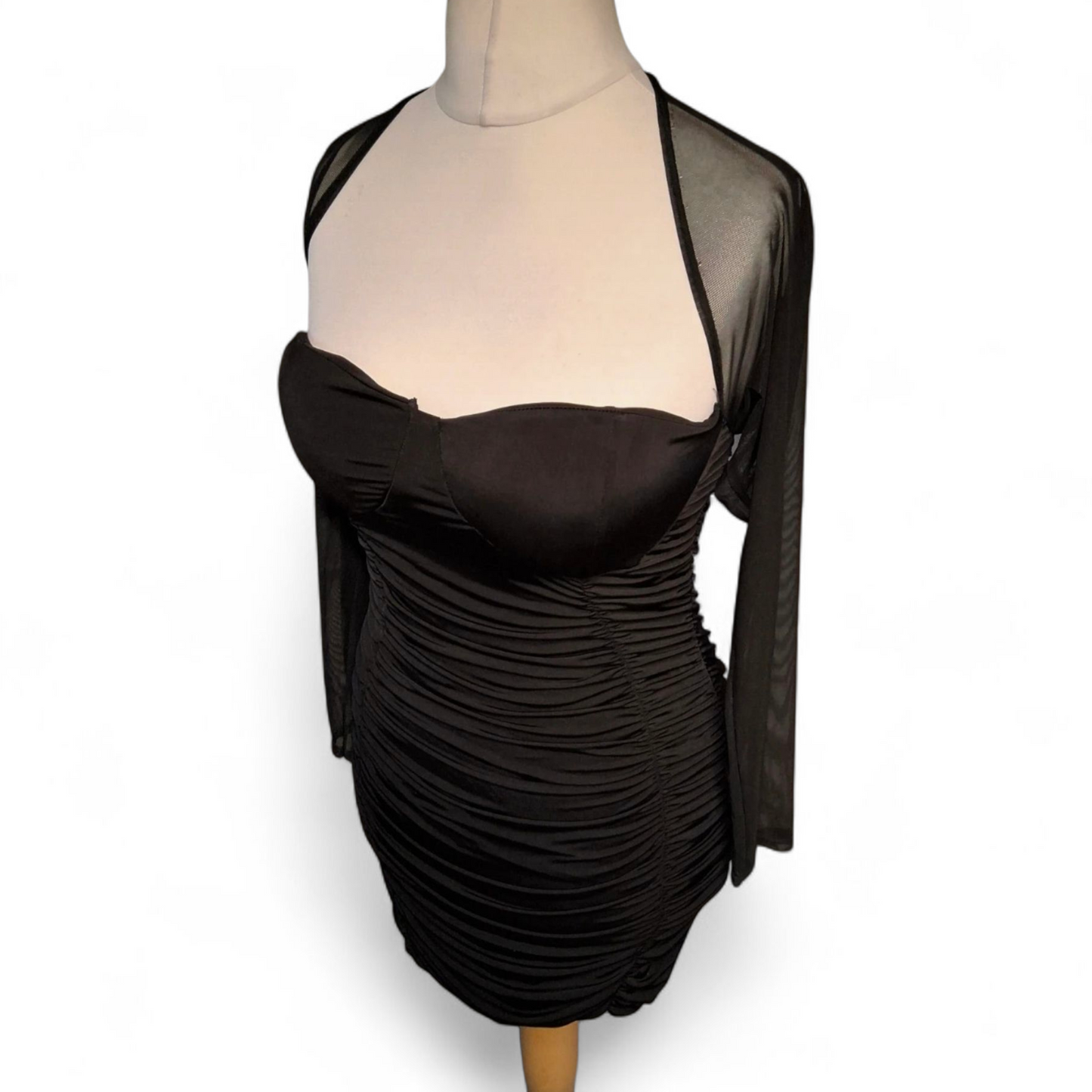 I Saw It First Black Ruched Mini Dress Size 12 – Open Back, Sheer Sleeves, Padded Bust