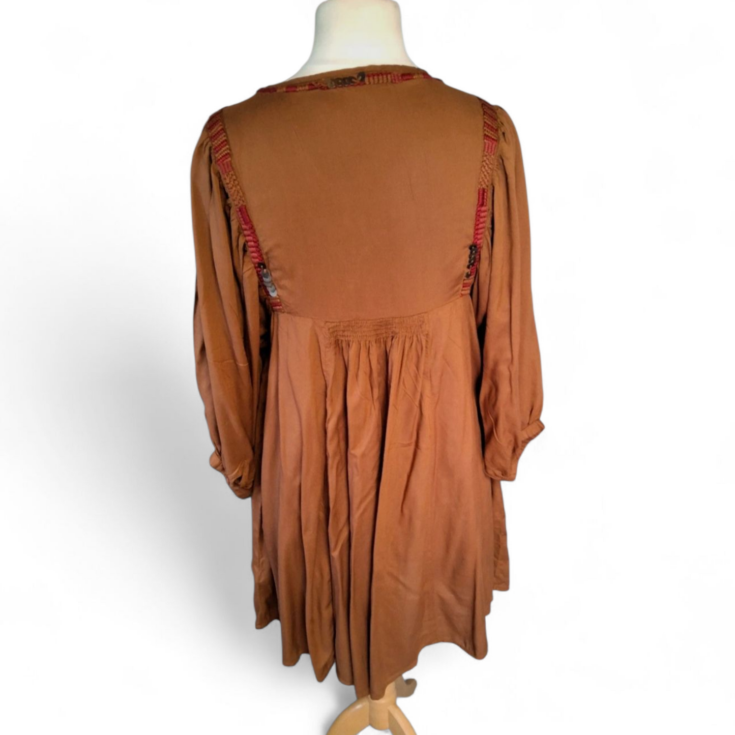 Monsoon Light Brown Embroidered Dress – Size 12 – 100% Viscose